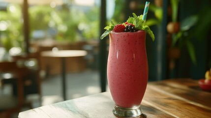 Poster - Freshly made fruit smoothie with mint and berries, presented on a wooden table with natural light for a healthy lifestyle aesthetic