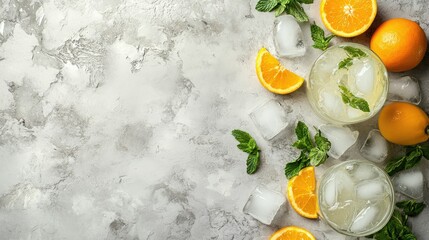 Poster - Freshly made lemonade with ice, mint, and oranges, styled on a gray table for a cold drink summer aesthetic with room for copy space