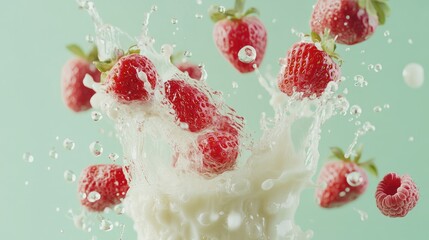 Poster - Juicy strawberries and raspberries submerged in a milk splash, droplets suspended mid-air, set against a pastel green backdrop for a refreshing scene