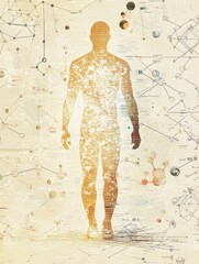 Aufkleber - A human silhouette stands surrounded by intricate diagrams and molecular structures, symbolizing the fusion of science and human existence. Generative AI