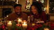 © Sirathee - Cozy New Year's Dinner Celebration with a Joyful Couple Smiling at Each Other Surrounded by Festive Decorations and Warm Candlelight
