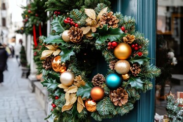 Wall Mural - Lush Christmas wreath with pinecones golden ornaments and colorful baubles on a green door in a festive city street setting