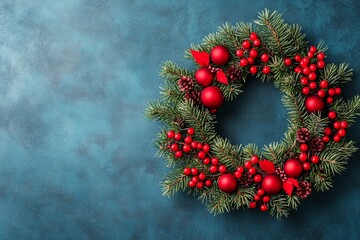 Wall Mural - Red berry and pine wreath on a textured teal background radiating vibrant Christmas elegance and festive simplicity in a minimal design