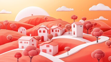 Poster - Terracottathemed fantasy landscape with cute houses for a D abstract background AI generated illustration