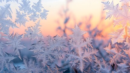 Fototapete - The details of frost patterns on a window illuminated by pastel sunrise AI generated illustration