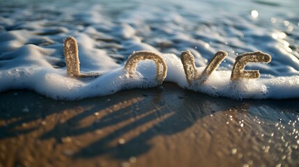 Poster - The word LOVE constructed from ocean waves rolling onto a beach AI generated illustration