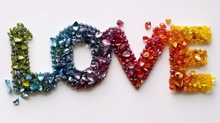 Poster - The word LOVE sculpted from vibrant multicolored gemstones AI generated illustration