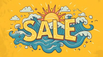 Leinwandbilder - The word SALE designed with a summer theme including sun and waves AI generated illustration