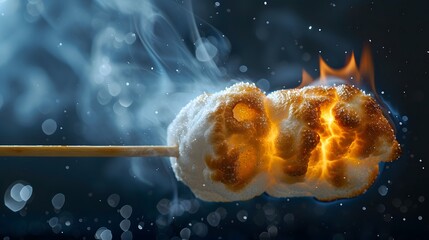 Fototapete - Tight focus on a golden toasted marshmallow against a dark backdrop AI generated illustration