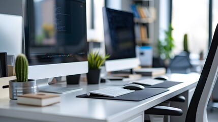 Poster - Upclose and detailed view of a modern business centers workstation AI generated illustration