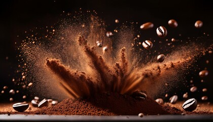 Wall Mural - dynamic eruption of ground coffee and cocoa dust on dark surface