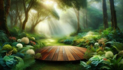 A wooden platform in a lush, green, and floral forest setting with a dreamy, misty, and sunlit background