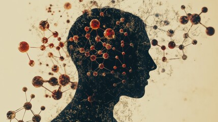 Fototapete - A human silhouette is enveloped by a mix of vibrant molecules and intricate diagrams, representing the intersection of science and thought. Generative AI