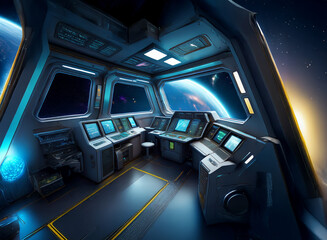 Poster - A spaceship cockpit with a view of a blue planet and stars.