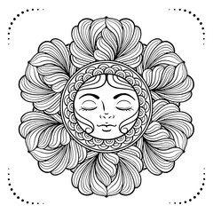 Detailed Black and white ornamental sun character coloring page. Intricate ethnic style vector illustration.