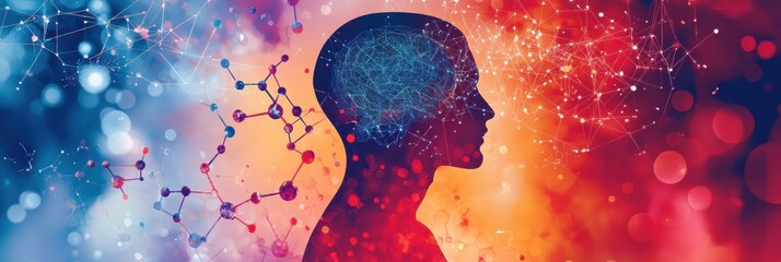 Poster - The silhouette of a human head is creatively set against a vibrant backdrop of molecules and diagrams, symbolizing scientific discovery. Generative AI