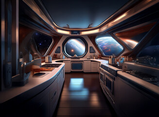 Poster - A modern kitchen with a futuristic design features large windows overlooking a distant planet.