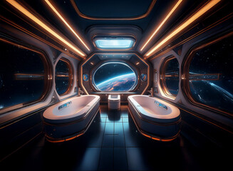 Poster - A futuristic bathroom with two bathtubs, a toilet, and a view of Earth from a large window.