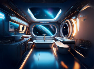 Poster - A futuristic bathroom with large windows overlooking a planet and stars.
