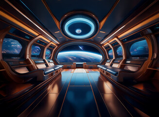 Poster - A futuristic spacecraft interior with large windows showing Earth and space.