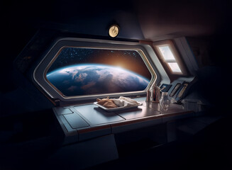 Poster - A spaceship interior with a view of Earth through the window, featuring a meal tray and a clock on the wall.