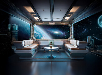 Poster - A futuristic lounge inside a spaceship with a large window showcasing a planet and stars.