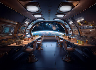 Poster - A futuristic spaceship interior with a large viewport overlooking Earth and another planet in the distance.