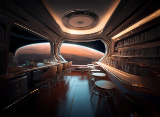 Aufkleber - A futuristic bar with a large window overlooking a planet with a red sky.