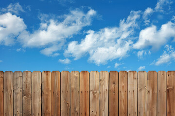 Wall Mural - a wooden wall and a blue sky with clouds in the background