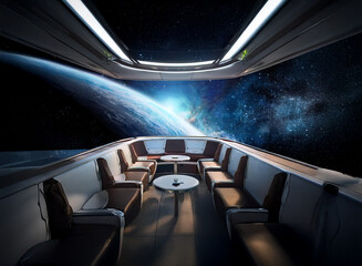Poster - A futuristic spaceship lounge with a large panoramic window overlooking a view of earth, stars, and a galaxy.