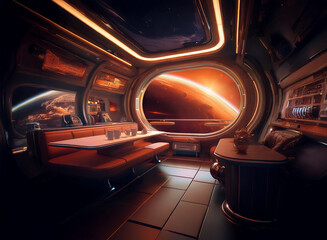 Poster - A futuristic spaceship interior with a large window showing a view of a red planet. The room has a dining table and chairs, a couch, and a side table.