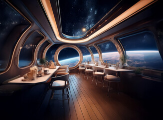 Poster - A futuristic dining room with large windows overlooking Earth and a starry night sky.