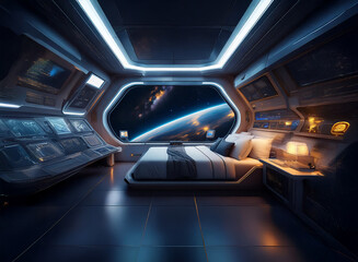 Poster - A futuristic bedroom with a large window overlooking a view of Earth from space.
