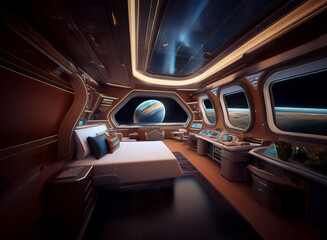 Poster - A futuristic bedroom with a view of a planet through a large window and a control panel in the corner.