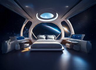 Poster - A futuristic bedroom with a large window overlooking a distant planet and starry sky.