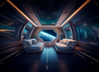 Poster - A futuristic spaceship interior with large windows looking out at a distant planet and a starry sky.