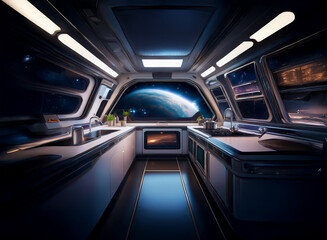 Poster - A futuristic kitchen with a view of Earth from a spaceship window.