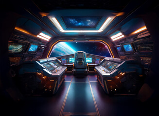 Poster - The cockpit of a futuristic spaceship, showcasing a panoramic view of a planet through a large window.