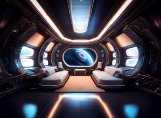 Poster - A futuristic spaceship interior with a large window looking out onto a swirling nebula and a group of white couches.