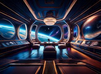 Poster - A futuristic spaceship interior with large windows overlooking a vibrant blue planet and starry sky.