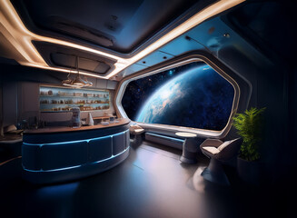 Poster - A futuristic bar with an expansive window overlooking the Earth, suspended in space. The room is illuminated by soft lighting and features a sleek, minimalist design.
