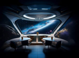 Poster - A futuristic spaceship dining area with large windows overlooking a breathtaking view of Earth and the vastness of space.