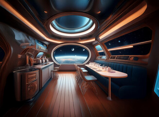 Poster - A futuristic spaceship dining room with a view of Earth and several moons, featuring a kitchen area and a long dining table.