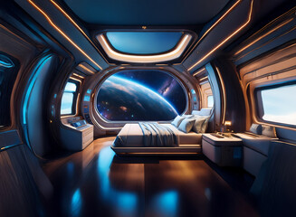 Poster - A futuristic bedroom with a large window overlooking a view of Earth from space.
