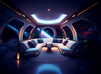 Poster - The interior of a futuristic spaceship with a large window overlooking a view of the Earth and stars.