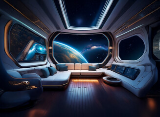 Poster - A futuristic spaceship lounge with large windows overlooking a distant planet,  a comfortable couch and wooden floors.