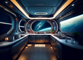 Poster - A futuristic kitchen with large windows overlooking a planet and stars in the distance.