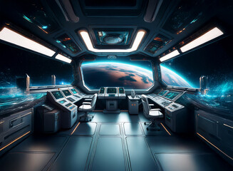 Poster - A futuristic spaceship cockpit with a large window overlooking Earth.