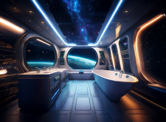 Poster - A futuristic bathroom with large windows overlooking a distant planet and a starry sky, featuring a bathtub, sink, and a sleek, modern design.