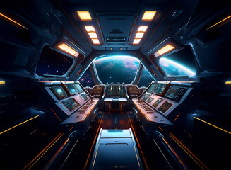 Poster - The cockpit of a spaceship with a view of Earth from orbit.